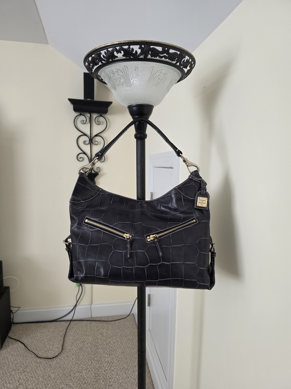 Dooney & Bourke Black Croc-Embossed Leather Hobo Bag with matching Wristlet